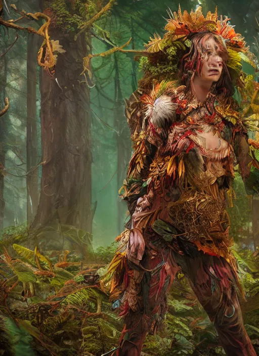 Image similar to detailed full body concept colorful fantasy painting of a forest huntress in intricate clothing, cinematic lighting, hyperdetailed, 8k, high resolution, insanely detailed and intricate, octane render