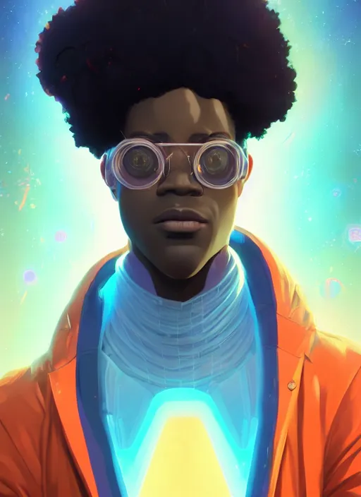 Image similar to afro - futurist scientist ( male, masculine ) in a lab studying holographic schematics + medium length shot | hyperrealistic digital painting by makoto shinkai, ilya kuvshinov, lois van baarle, rossdraws | afrofuturism, in the style of hearthstone, trending on artstation | orange palette and complimentary colors