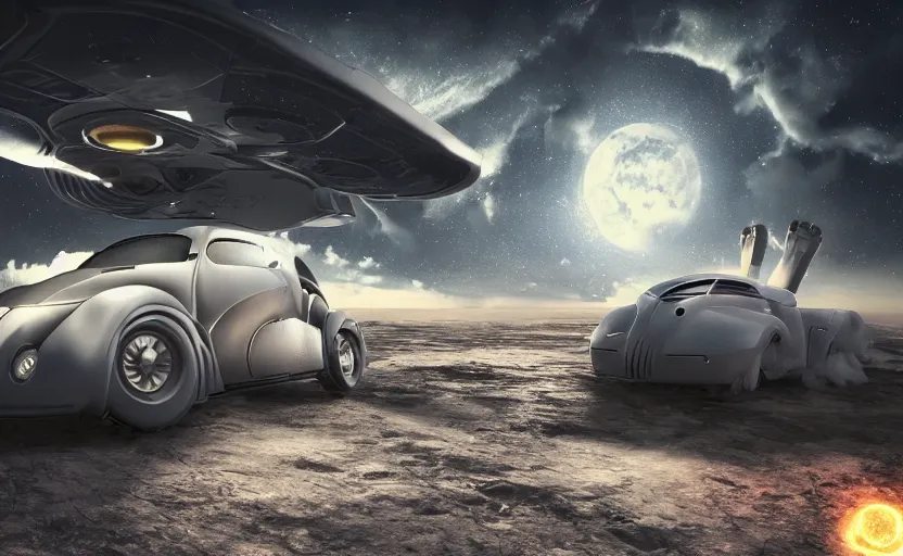 Image similar to a spaceship version of the vw beetle floating in the space, masterpiece, hyperrealistic, futuristic, symmetrical, octane render, unreal engine 5, path traced, highly detailed, high quality, 8 k, cinematic, high coherence, soft lighting, spacecraft, bloom