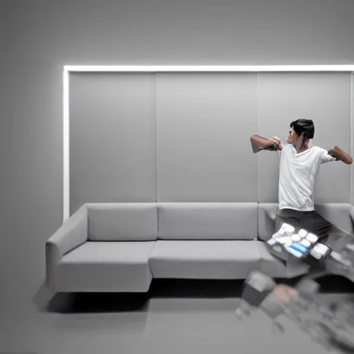 Prompt: a man taking a selfie in a large minimalistic concrete room upholstered sofas fluorescent ceiling lighting and a rectangular water feature in the center, a tilt shift photo by leandro erlich, featured on cg society, kitsch movement, hall of mirrors, high dynamic range, studio portrait