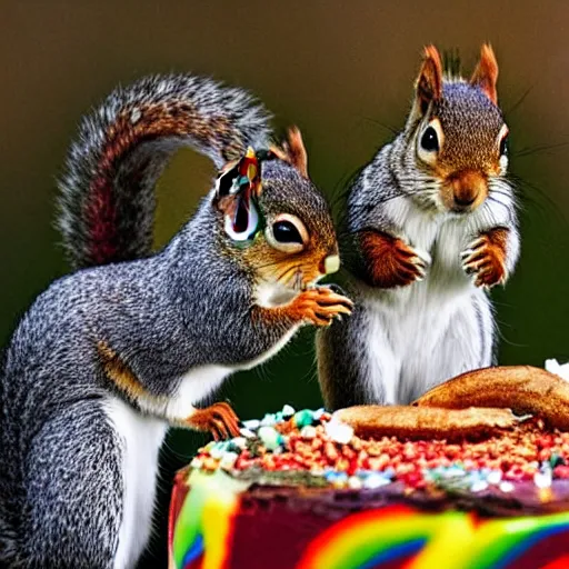 Image similar to three squirrel's having a cool birthday party, national geographic photo, highly detailed