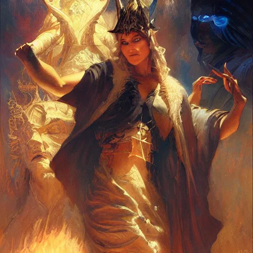 Image similar to attractive magician casts dark spell, summoning attractive lucifer morningstar. highly detailed painting by gaston bussiere, craig mullins, j. c. leyendecker 8 k