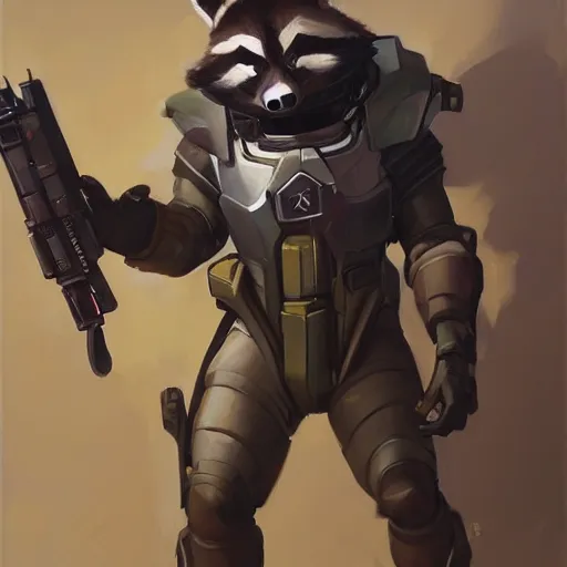 Image similar to greg manchess portrait painting of armored rocket raccoon as overwatch character, medium shot, asymmetrical, profile picture, organic painting, sunny day, matte painting, bold shapes, hard edges, street art, trending on artstation, by huang guangjian and gil elvgren and sachin teng