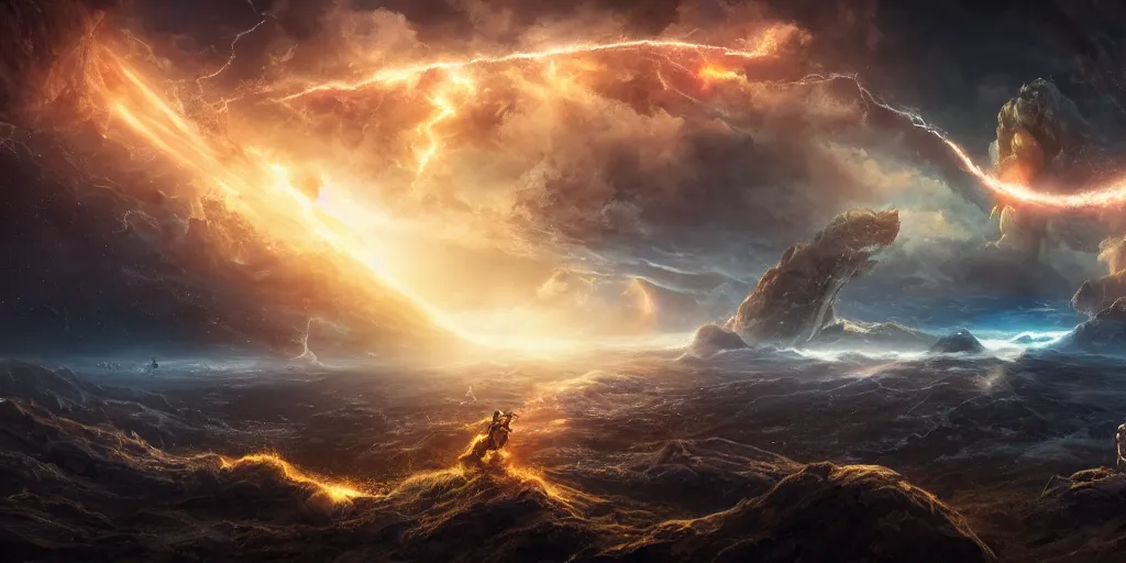 Prompt: beautiful cinematic artwork of an epic battle staring with a cosmic rift in the sky greg rutowski, masterpiece, 4k