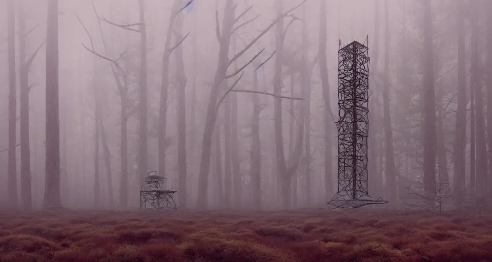 Image similar to Derelict Radio Tower in a pine forest landscape, very foggy and hazy, rendered by zdzisław beksiński, simon stålenhag, Beeple, environment concept, digital art, starwars, unreal engine, 3 point perspective, WLOP, trending on artstation, low level, 4K UHD image, octane render,