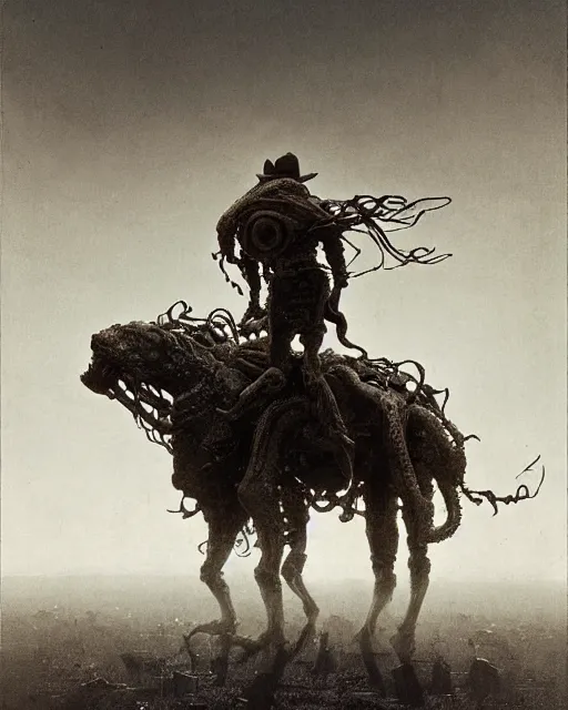 Image similar to cowboys vs lovecraftian monsters, vintage old, sepia, retrofuturism sci - fi old movie, highly detailed, photorealistic, 8 k, by beksinski and stalenhag