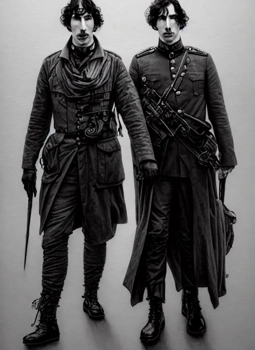 Image similar to painting of both john oliver and adam driver together, john oliver, adam driver, stoic, full body, military uniform, fantasy, intricate, elegant, beautiful, highly detailed, charcoal, centered, dark, smokey, digital painting, concept art, smooth, sharp focus, illustration, art by artgerm, art by greg rutkowski, art by alphonse mucha