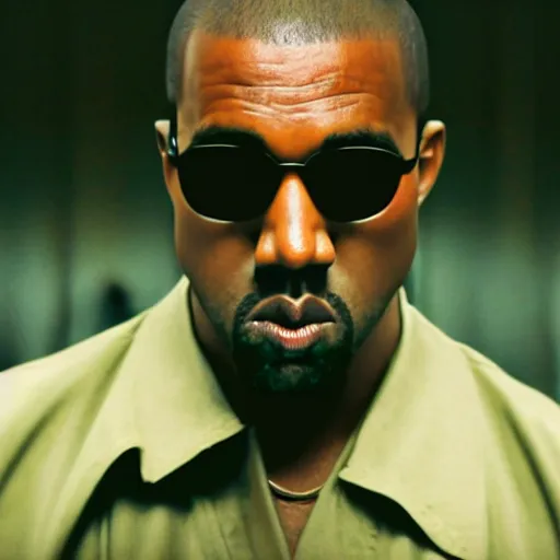 Prompt: a cinematic film still of Kanye West starring in The Matrix, portrait, 40mm lens, shallow depth of field, close up, split lighting, cinematic