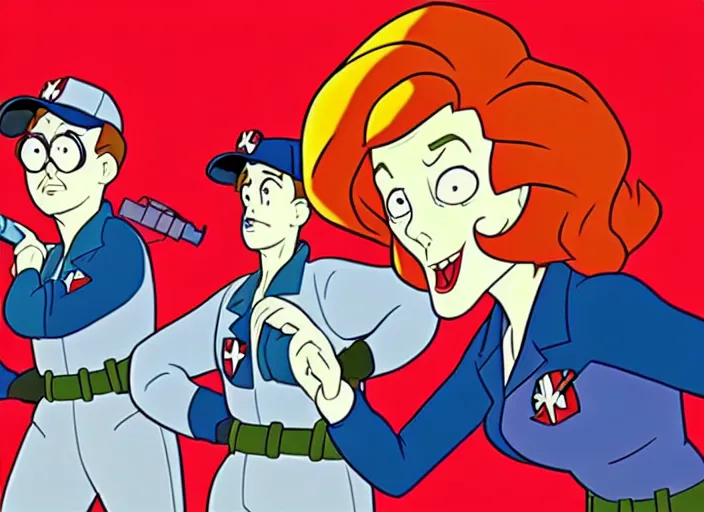 Image similar to dana scully on the real ghostbusters, animation cel, anime, sharp detail, animation cel, thin linework, in the style of don bluth, bruce timm, stephen silver, studio trigger