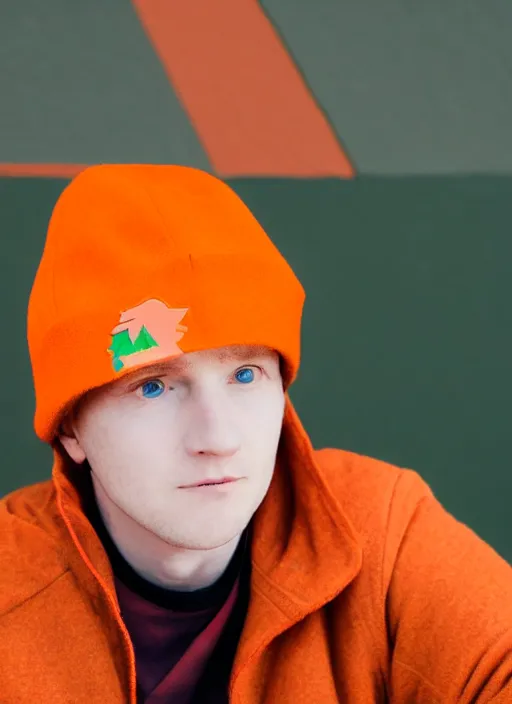 Image similar to portrait photo still of real life kyle broflovski wearing an orange jacket and green hat, 8 k, 8 5 mm, f. 1 4