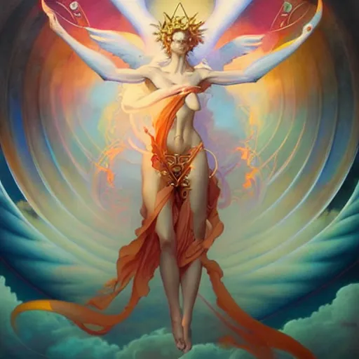 Image similar to psychedelic angelic celestial being artwork of peter mohrbacher, frank xavier leyendecker, energy body, sacred geometry, esoteric art, divinity detailed, saturated colors,