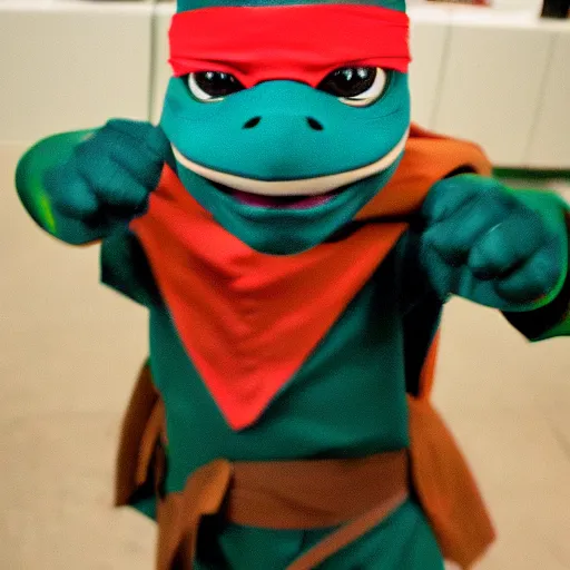 Prompt: Meeting a determined NINJA TURTLE looking at the camera in the backroom of Sears