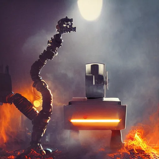 Image similar to toaster oven terminator robot, dark messy smoke - filled cluttered workshop, dark, dramatic lighting, orange tint, sparks, plasma charge, cinematic, highly detailed, sci - fi, futuristic, movie still