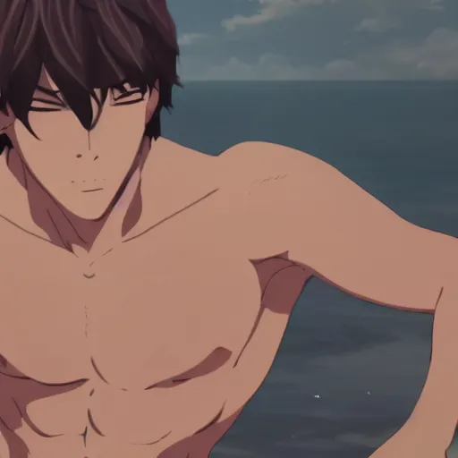 Prompt: a beautiful shirtless man by Makoto Shinkai