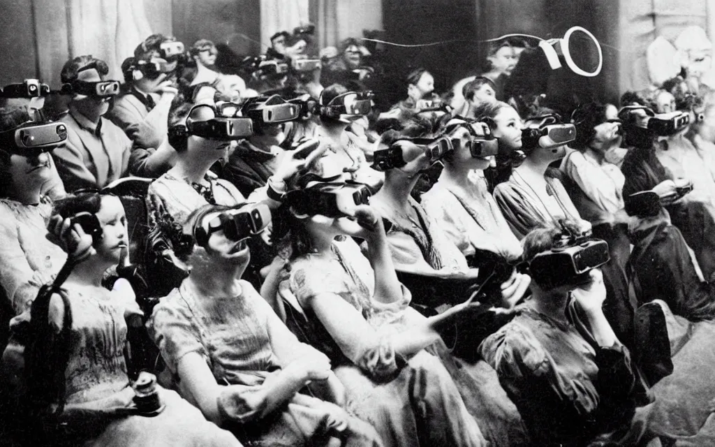 Image similar to 1 9 0 0 s photo of people using iphones ipods virtual reality headsets vr in a movie theater masterpiece