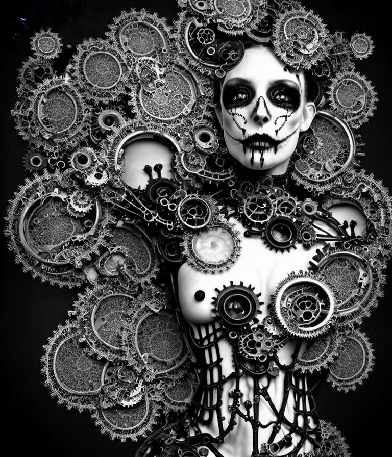 Prompt: surreal black and white photo portrait of complex bio-mechanical beautiful young female undead skeletal cyborg with a Mandelbrot fractal steampunk metal fine lace face, retrofuturistic depressing hopeless horrific vibe, radiating dark energy aura, curled silver hair and a fine metal floral foliage super big lace collar by Alexander McQueen:: high fashion, haute couture, rococo, steampunk, silver filigree details, anatomical, facial muscles, cable wires, microchip, elegant, hyper realistic, 150 mm lens, soft rim light, octane render, unreal engine, volumetric lighting, 8k,