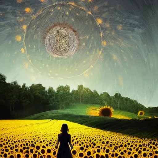 Image similar to giant sunflower face, girl walking in wheat field, hills, surreal photography, dark night, star trails, dramatic light, impressionist painting, clouds, digital painting, artstation, simon stalenhag