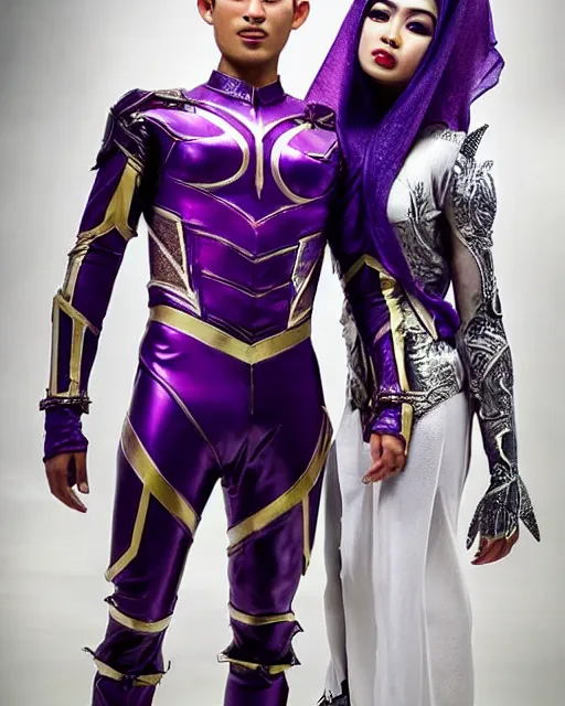 Prompt: photoshoot of a beautiful indonesian woman and handsome incredibly muscular indonesian man, both have short hair and elf ears and both wear a purple futuristic armored superhero costume, photorealistic