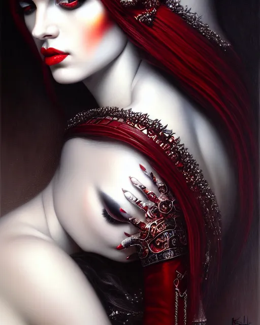 Image similar to portrait of a beautiful goddess, enigmatic beauty, dominant shades of black, silver, dark red, white, head in focus, fantasy art, ornamental aesthetics, intricate, elegant, highly detailed, hyperrealistic, artstation, concept art, soft illumination, painterly, sharp focus, by karol bak