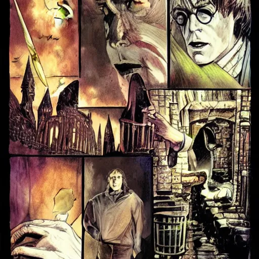 Prompt: in one frame Harry Potter, by Neil Gaiman, by Dave McKean, comics Sandman, small details, whole-length, clear faces