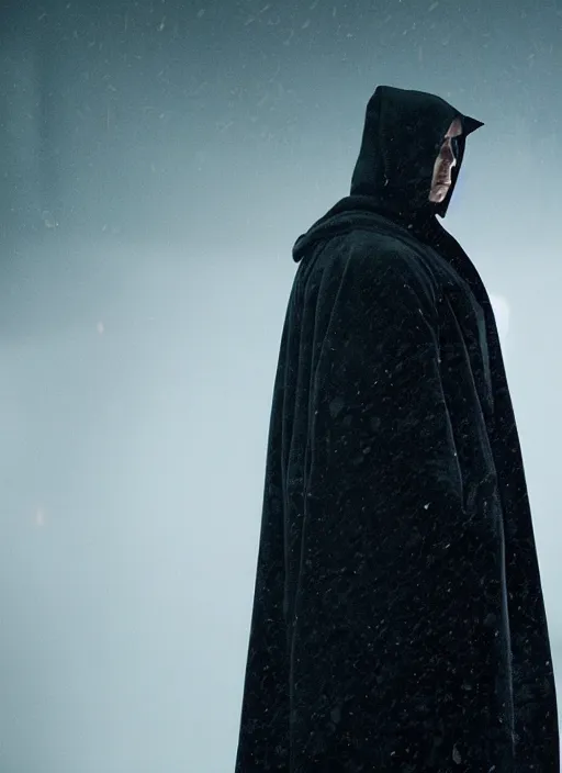 Image similar to dark figure wearing black robe with subtle trim gold accents hooded cyberpunk bladerunner 2049 movie still (2017)