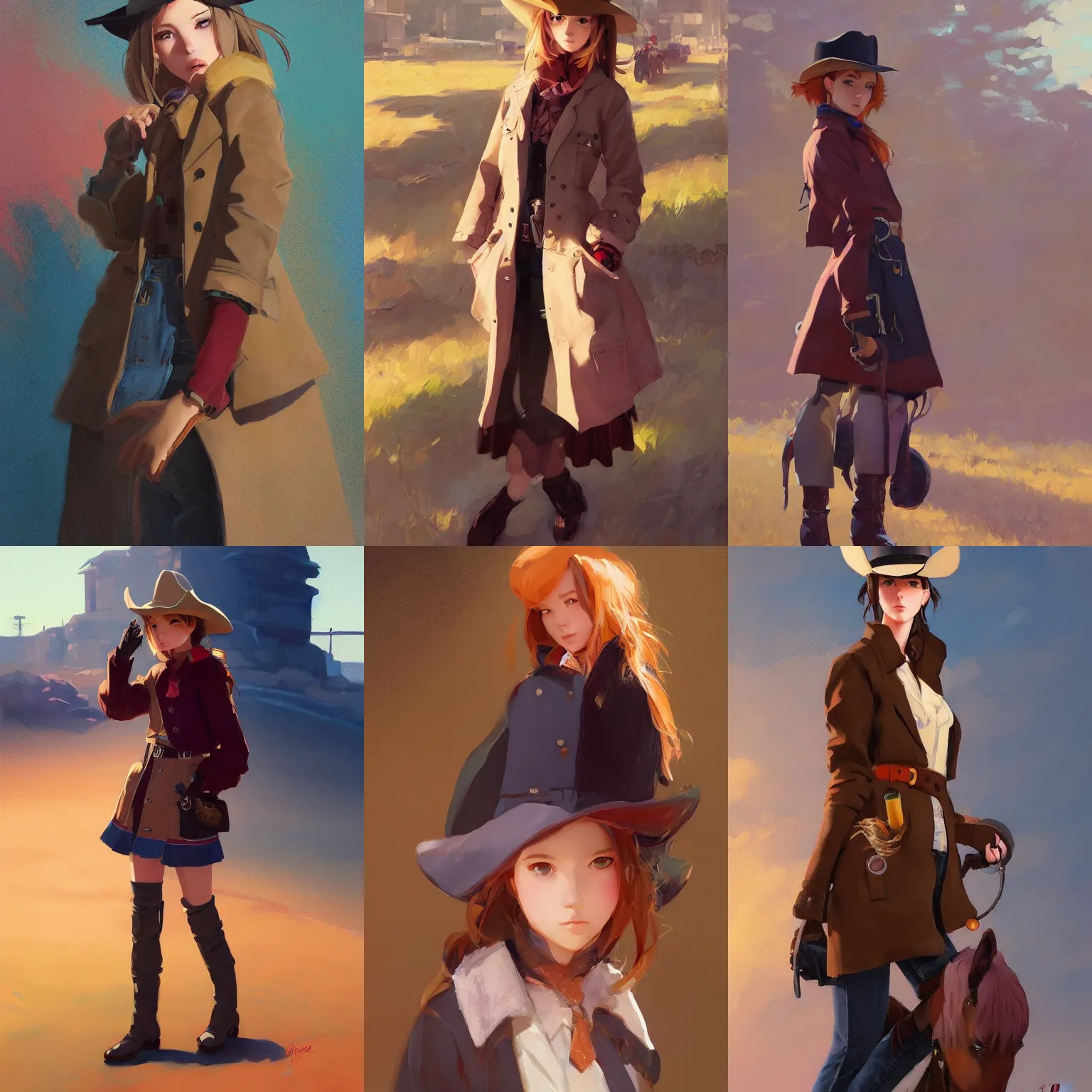 Prompt: a portrait of a cute young female cowboy with a very stylish coat, western setting, vivid colors, soft lighting, atmospheric, cinematic, moody, in the style of Ilya Kuvshinov and Range Murata, Krenz Cushart, rule of thirds, oil on canvas, 8k