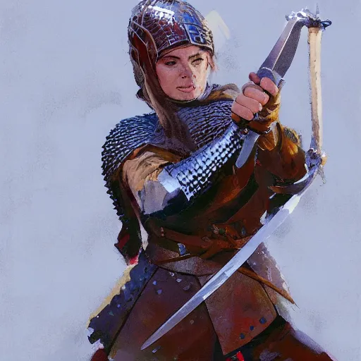 Image similar to portrait of woman wearing helmet and gambeson and chainmail swinging sword, aggressive stance, detailed by greg manchess, craig mullins, bernie fuchs, walter everett