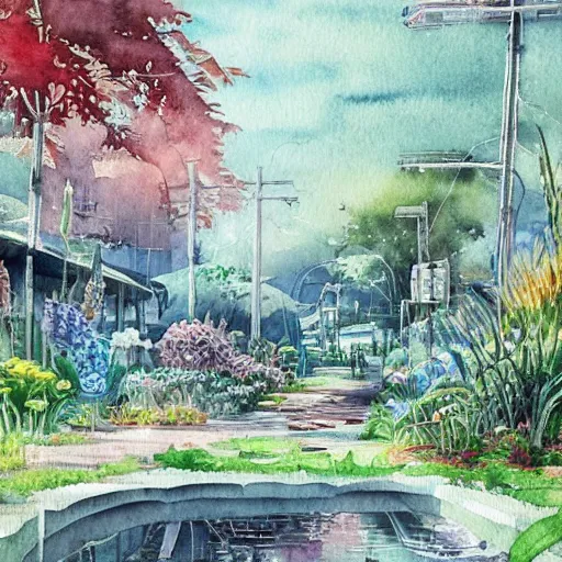 Image similar to Beautiful happy picturesque charming sci-fi town in harmony with nature. Beautiful light. Water and plants. Nice colour scheme, soft warm colour. Beautiful detailed watercolor by Lurid. (2022)