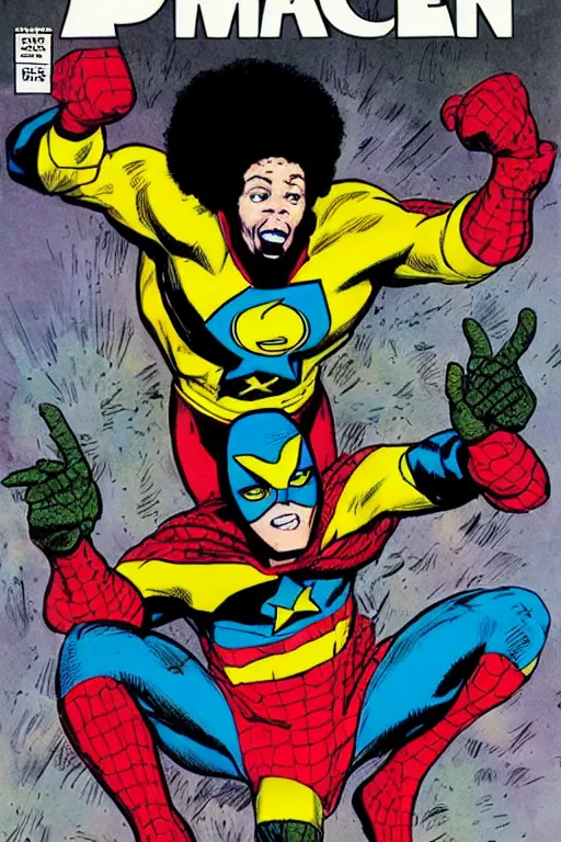 Image similar to comic book front cover. afro - masked superhero flying towards camera by john byrne, in style of marvel comics