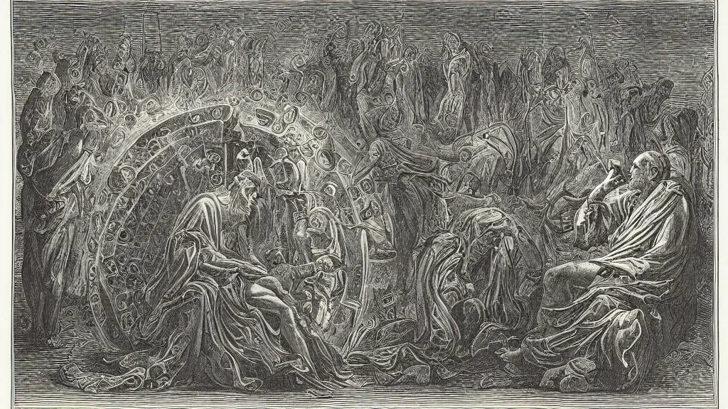 Image similar to mankinds discovery of alchemy sacred geometry engraving by gustave dore