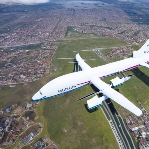 Image similar to Aerial photo of the biggest plane on earth, realism, drone shot