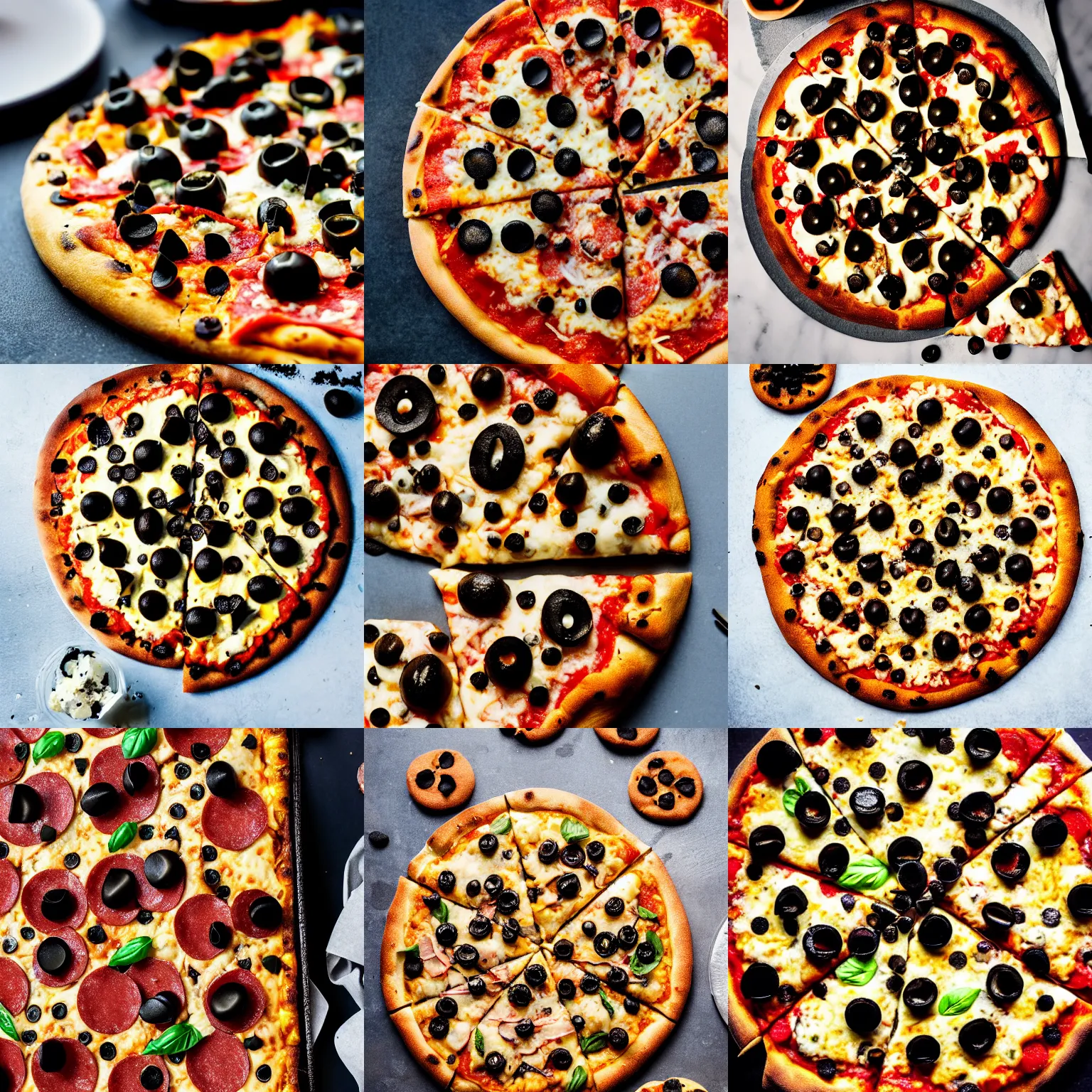 Prompt: a pizza topped with, pepperoni, black olives, cookie dough bites, professional food photography