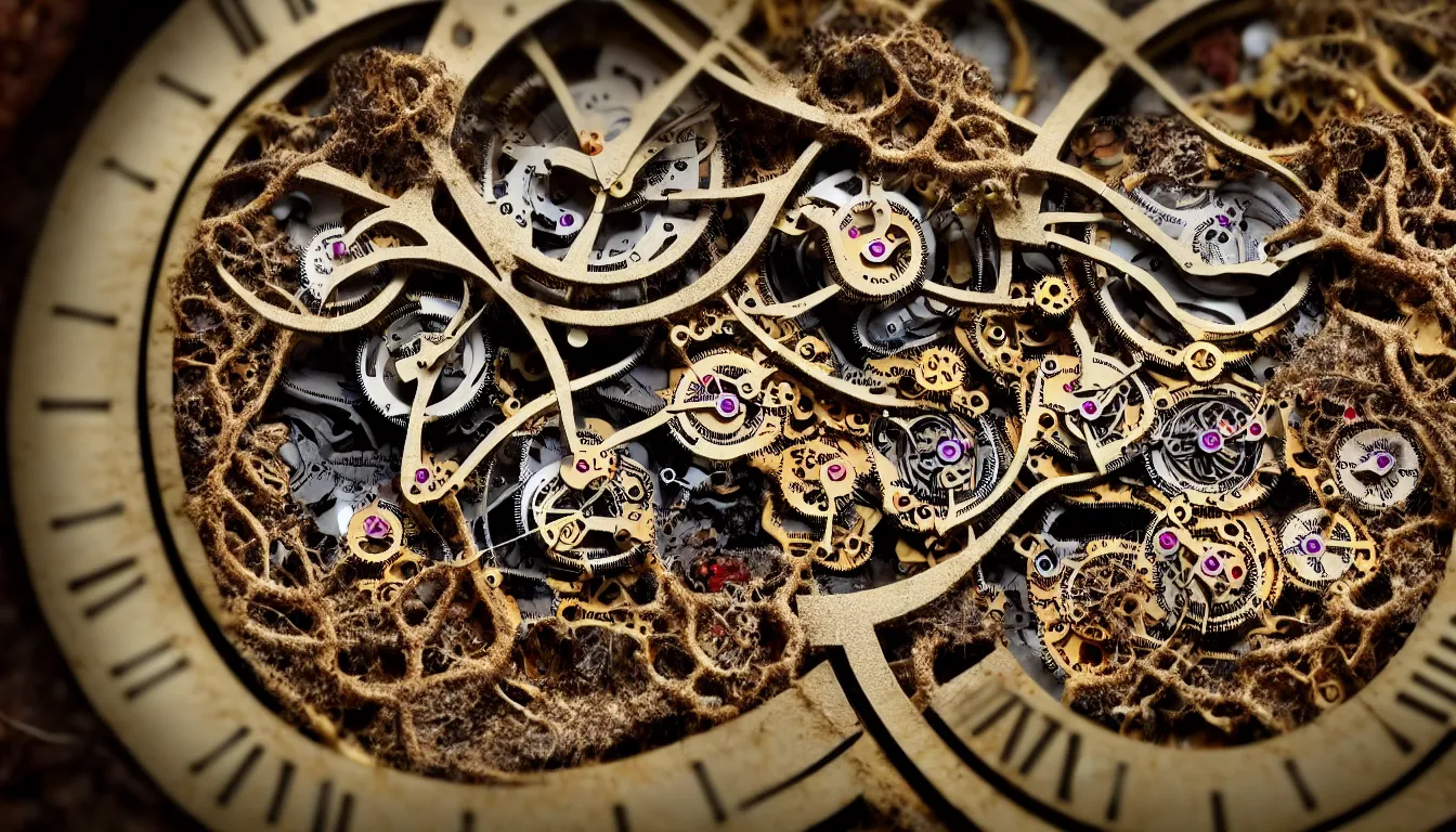 Prompt: detailed view from inside a clockwork watch, entangled roots covered in mushrooms, biomechanics, cracked earth, living spore microorganisms, decaying, rusty, hyper realistic photo, full colour, upscale, 8 k