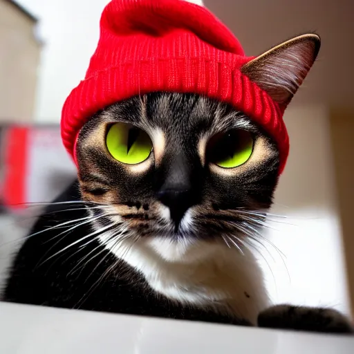 Prompt: A photo of a cat with red eyes smoking weed and wearing a beanie