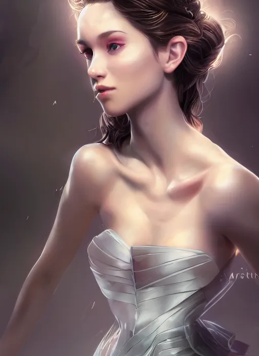 Image similar to beautiful fashion goddness, strapless dress, character portrait in the style of thomas river and artgerm, wlop, cinematic lighting, hyperdetailed, 8 k realistic, symmetrical, global illumination, radiant light, halo, love and mercy, frostbite 3 engine, cryengine, dof, trending on artstation, digital art, chanel