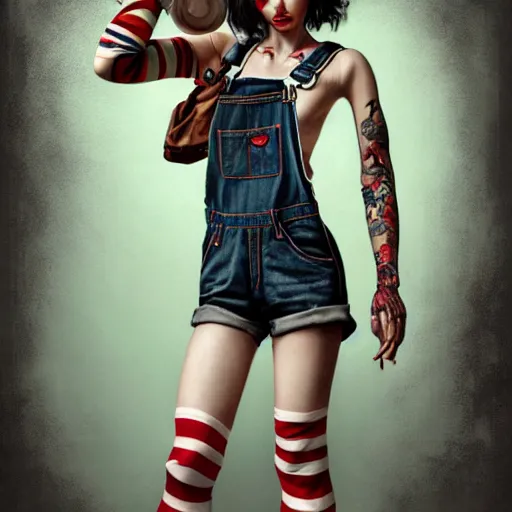 Image similar to full body pose, grungy alice, torn overalls, short shorts, combat boots, fishnets, beautiful, highly detailed face, true anatomy!, extremely detailed!, digital painting, unreal engine 5, art by tom bagshaw