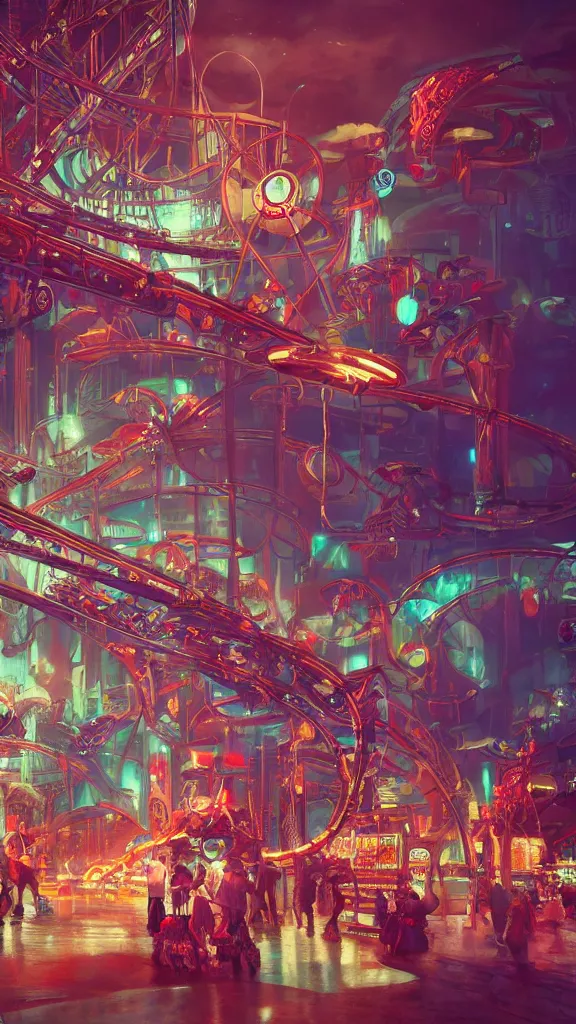 Prompt: concept art, retro - futurist steampunk theme park, imperious, towering rollercoaster, carnival robots, octane render, artstation, dramatic neon lighting, glowing circus motifs, red turquoise accents, bladerunner, by gerald brom, james jean, syd mead, akihiko yoshida, cinematic