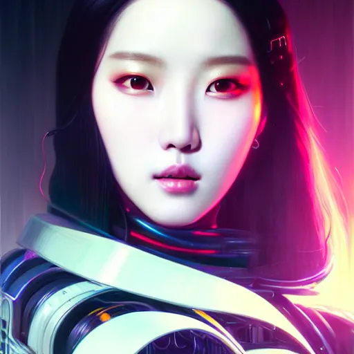 Image similar to portrait painting of kpop artist sunmi as a cyberpunk technician, ultra realistic, concept art, intricate details, eerie, highly detailed, photorealistic, octane render, 8 k, unreal engine. art by artgerm and greg rutkowski and magali villeneuve and alphonse mucha