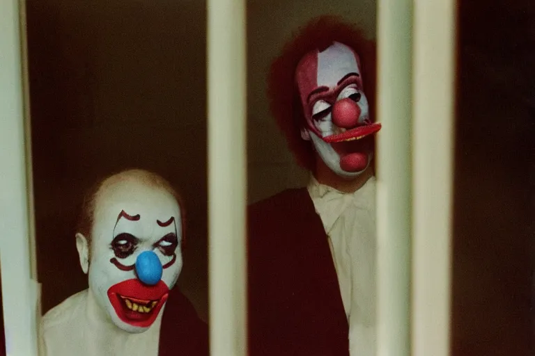 Image similar to close-up color film photography 1970s, sad clown look at himself in public bathroom mirror, soft light, 35mm, film photo, Joel Meyerowitz