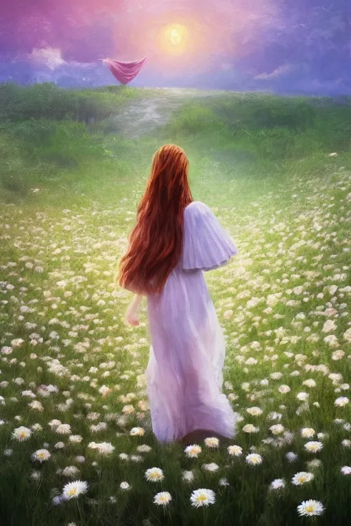 Image similar to giant white daisy flower head, girl with veil walking in a flower field, surreal photography, sunrise, dramatic light, impressionist painting, colorful clouds, digital painting, artstation, simon stalenhag