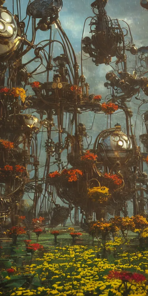 Image similar to alien tech flowers on steampunk land by pixar, smooth, cinematic, wet reflections, ray tracing x, rtx, smooth