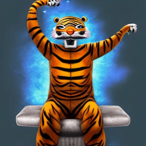 Image similar to a wizard is sitting on a chair as a tiger , dynamic pose, chromatic aberration , medium level shot, fantasy, illustration, concept art,