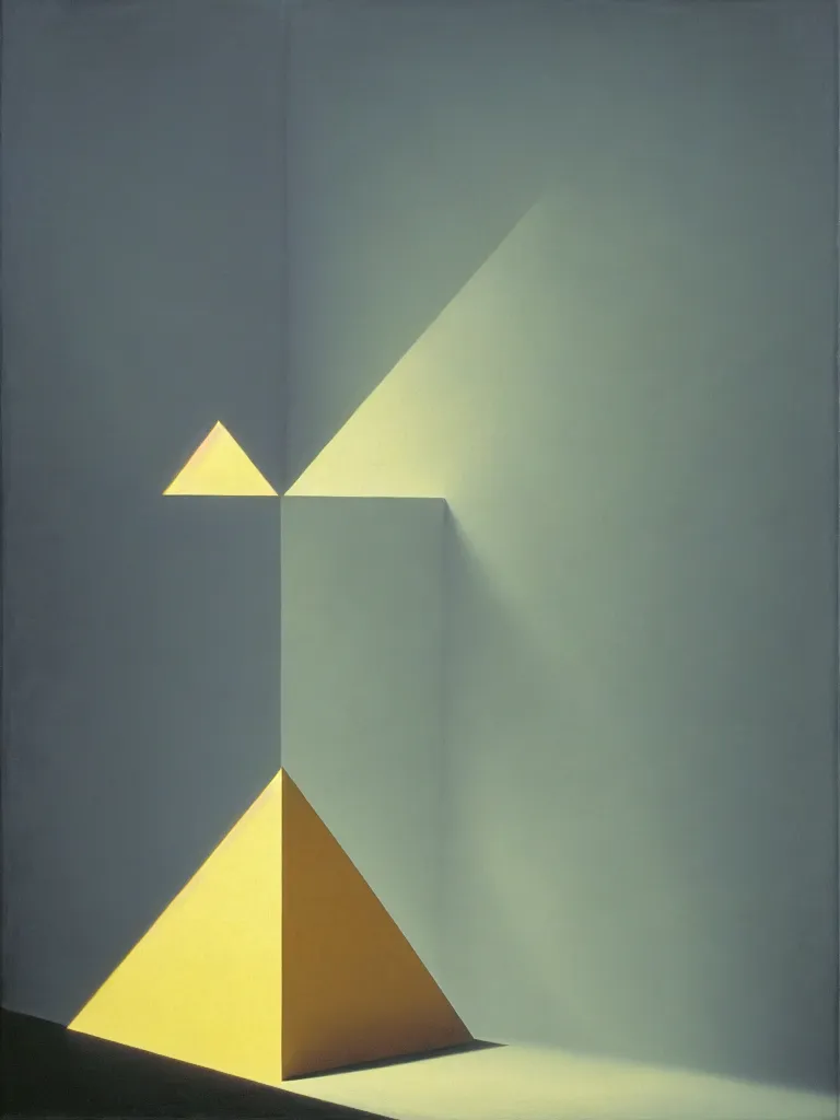 Image similar to hyperrealistic still life wide shot a mind contemplating itself, sacred geometry, light refracting through prisms, by caravaggio, surrealism, vivid colors, serene, golden ratio, rule of thirds, negative space, minimalist composition, by rene magritte and james turrell