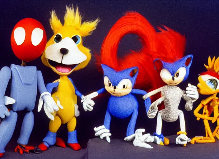 Image similar to still from a 1 9 9 2 live - action stop - motion puppetry tv show by tim burton starring sonic the hedgehog and tails and dr. robotnik and robotic animals in dioramas. everything is made of plasticine, fabric, and other physical materials. photographic ; realistic ; highly - detailed.