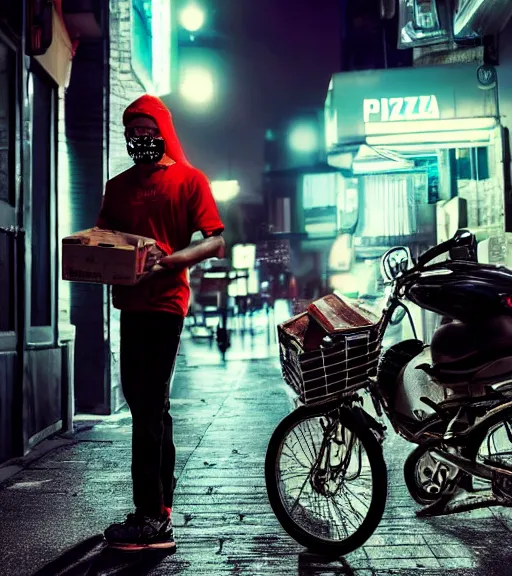 Prompt: suspicious pizza deliver guy in a dark place, real life photo, 4 k, cyberpunk style, highly detailed, focus on face, glasses, asian