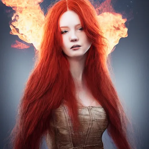 Image similar to a highly detailed headshot portrait of a beautiful red haired woman wearing a dress made of fire concept art