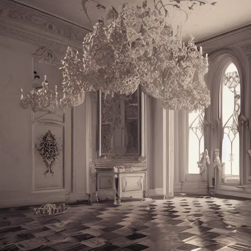 Image similar to a Gothic baroque porcelain room furnished with baroque furniture made of porcelain and white veils, explodes. trending on artstation, sensual gloomy, volumetric clouds, unreal render, depth of field