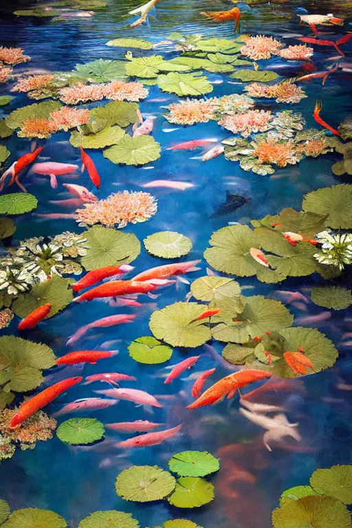 Prompt: nenufar in a pond surrounded by koi carp, colorful, blue backgroung,clean, joyful, intricate, elegant, volumetric lighting, scenery, digital painting, highly detailed, artstation, sharp focus, illustration, concept art, ruan jia, steve mccurry