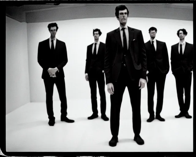 Image similar to 1 3 mm film, liminal, unsettling, group of tall men in suits, thunderstorm