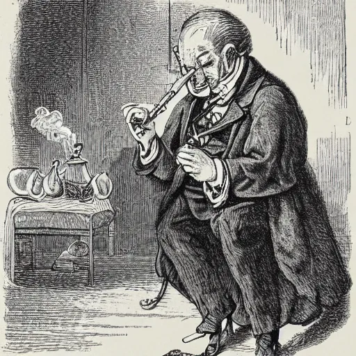 Prompt: a wizard smoking a pipe, high detail, 1 9 th century illustration by john tenniel